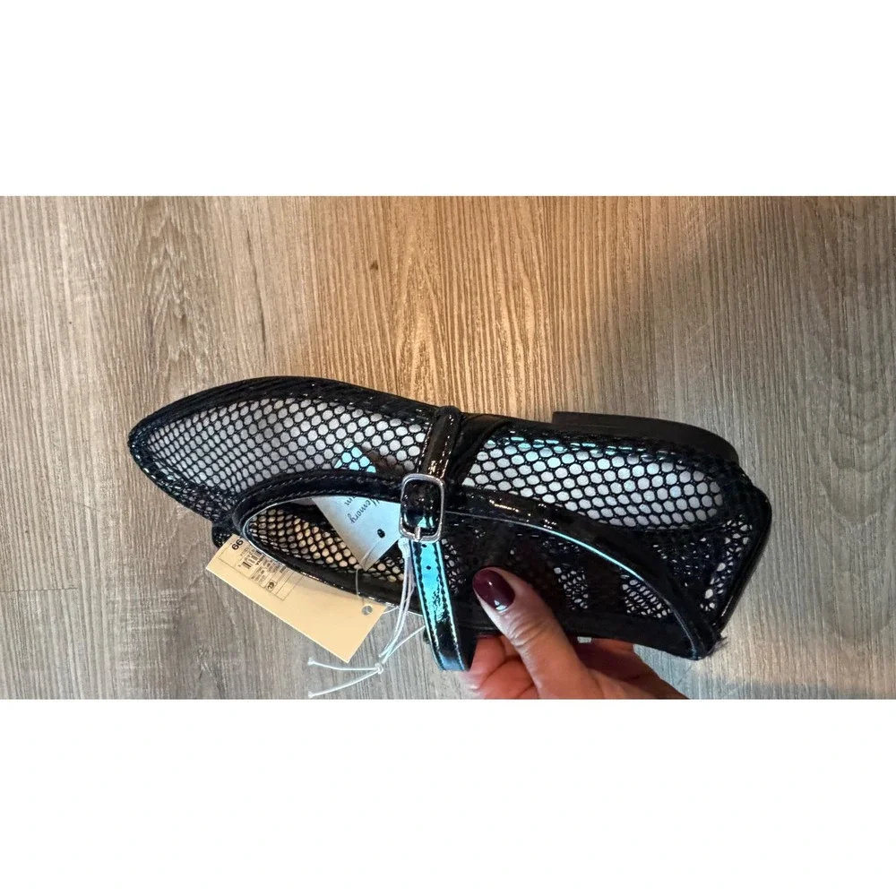 A New Day Black Mesh Mary Jane Flats Memory Foam Patent Trim Size 6
